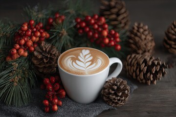 A white mug of latte art, adorned with Christmas elements