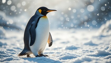 Fototapeta premium A single emperor penguin, aptenodytes forsteri, standing tall on a vast snow and ice expanse, looking into the distance