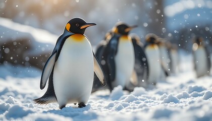 Fototapeta premium A group of emperor penguins, aptenodytes forsteri, standing together on a snow and ice-covered Antarctic landscape