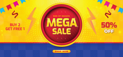 Mega sale banner with discount offer. shopping festival super sale banner. Flash sale special offer banner for social media post or website banner. big sale campaign