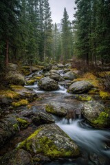 Obraz premium Misty mountain stream flows smoothly over moss-covered rocks between tall evergreen trees