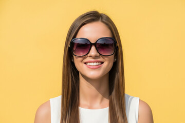 Naklejka premium Beautiful woman smiling wearing sunglasses with a yellow background