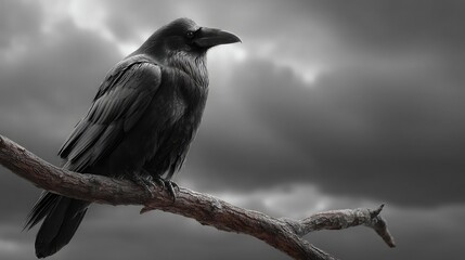 Raven on Branch with high contrast silhouette and stormy sky ideal for gothic themes mystery visuals or poetic nature compositions