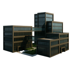 3D multi-building business campus with courtyards and connected glass skywalks, transparent background