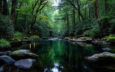 Tranquil forest stream reflecting the canopy