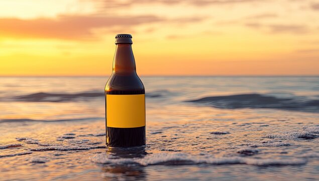 Dark brown beer bottle on ocean shore at sunset - Powered by Adobe