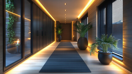 Fototapeta premium sleek modern room featuring black wardrobe and wooden cabinet, white poufs, warm ambient lights