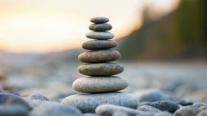 Blurred natural background with stacked stones symbolizing harmony, balance, and inner peace
