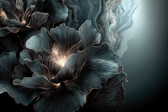 Close-up of stylized, dark teal and gold flowers, with flowing lines and highlights