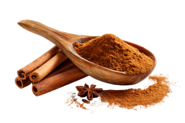 Cinnamon sticks and ground cinnamon in a wooden spoon.