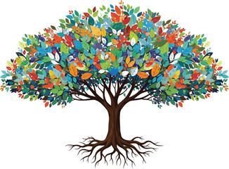 Fototapeta premium A colorful tree with brown trunk and roots on a plain white background