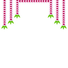 "Traditional Indian Flower Garland Decoration with Pink and White Flowers and Green Leaves on Black Background – Festival and Wedding Floral Frame"