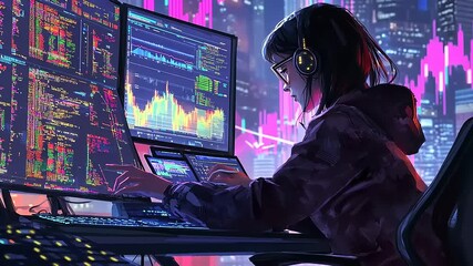 Young woman analyzing data on multiple screens in a vibrant cityscape at night with financial charts - Powered by Adobe