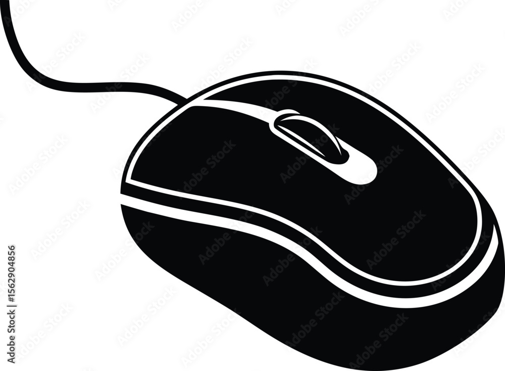 Fototapete Simple black and white graphic illustration of a computer mouse with a cord on a white background