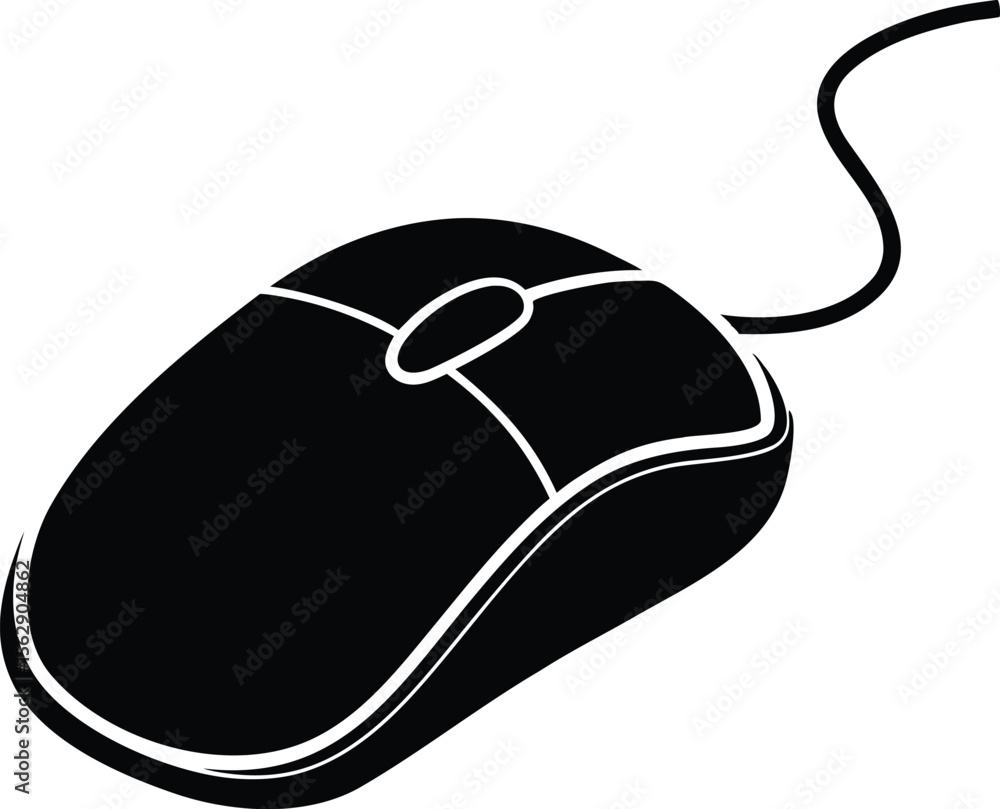Fototapete Simple black computer mouse with a cord on a white background in a clean graphic illustration