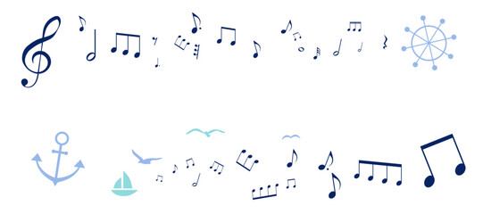夏をイメージした音符のフレームイラスト　背景イラスト　マリンモチーフ