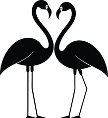 Two elegant black silhouettes of flamingos forming a heart shape with their necks against a white background