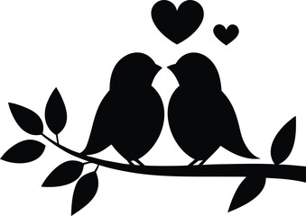 Two black silhouette birds perched on a branch with hearts above them symbolizing love and romance