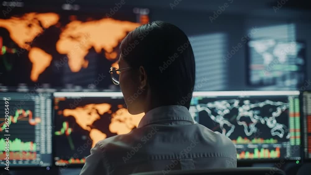 Poster asian woman analyzing financial data and world maps on multiple dark monitors