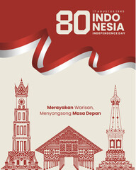 80th Indonesia Independence Day Celebration Poster with Landmark Illustration and Waving Flag Ribbon