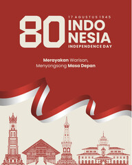 80th Indonesia Independence Day Celebration Poster with Landmark Illustration and Waving Flag Ribbon