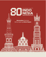 80th Indonesia Independence Day Poster with Traditional Landmark Line Art