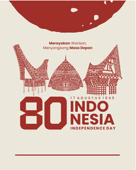 80th Indonesia Independence Day Poster with Traditional Landmark Line Art