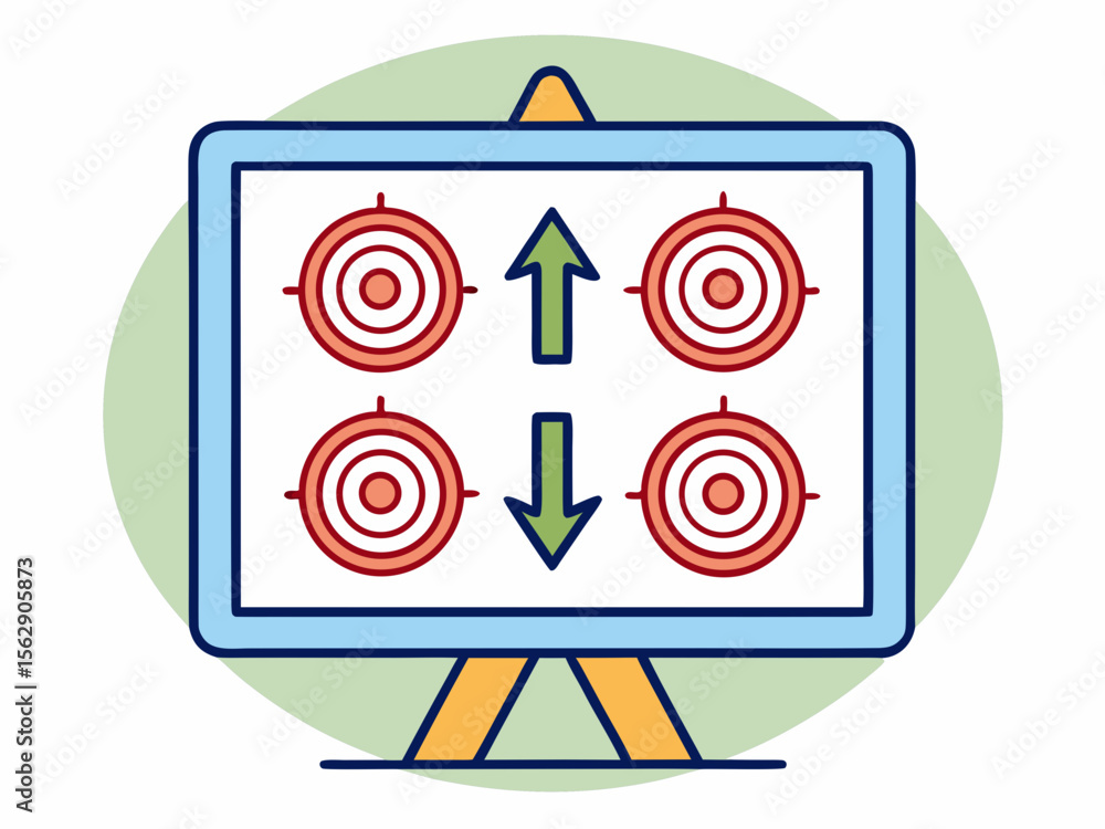 Poster presentation board showing four targets and arrows pointing up and down, illustrating goals and dire
