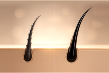 3D illustration comparing damaged hair with healthy, smooth hair emerging from the scalp. Ideal for beauty ads, hair care product visuals, and dermatological or cosmetic promotions.