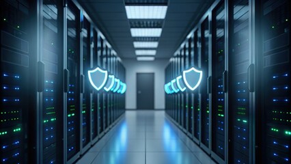 Fototapeta premium Defocused tech environment with glowing shield icons symbolizing advanced data security 