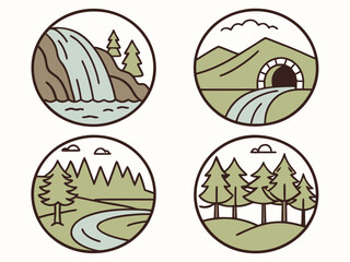 Fototapeta premium Four circular illustrations showcase nature scenes, including a waterfall, tunnel, and forests.