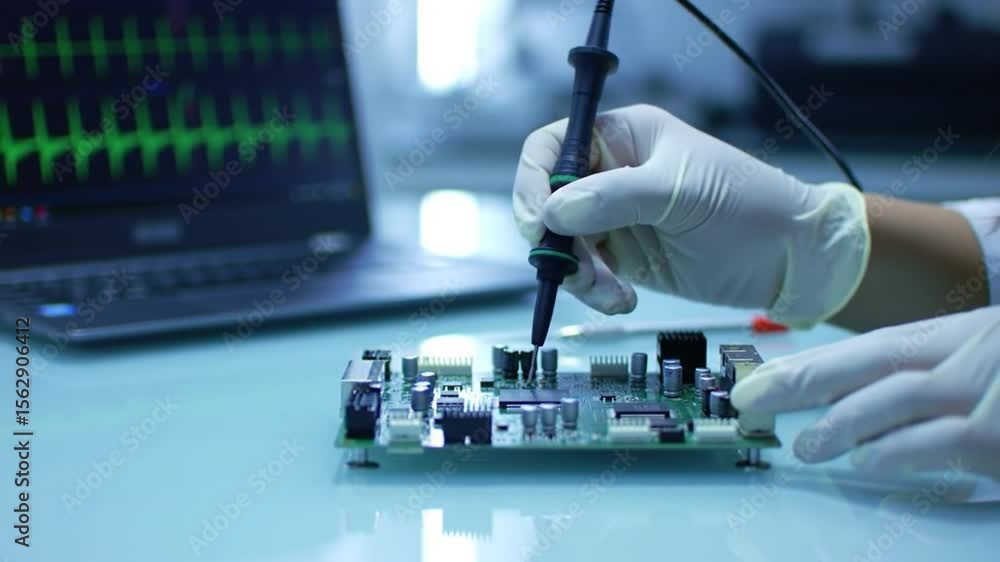 Poster electronic circuit board testing with hands in gloves and laptop displaying waveform for technology 