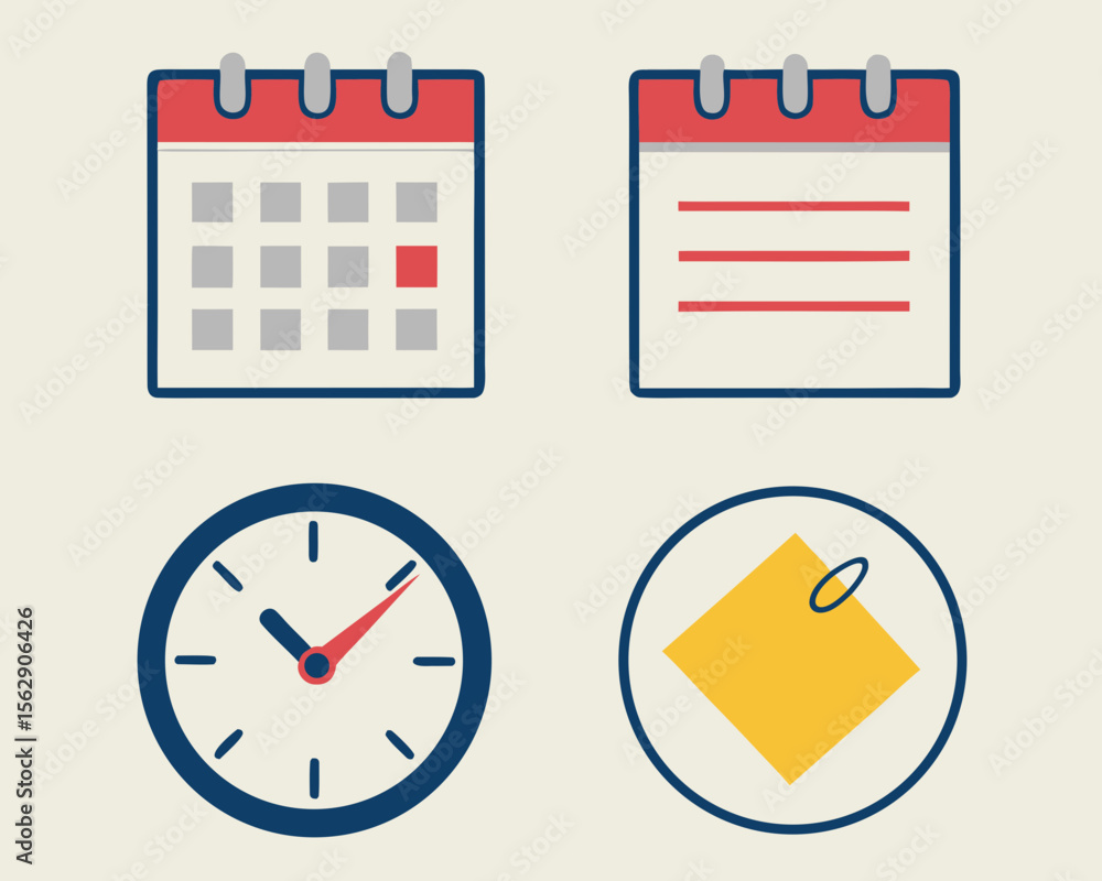 Poster four flat-style icons representing time management, scheduling, and organization concepts.
