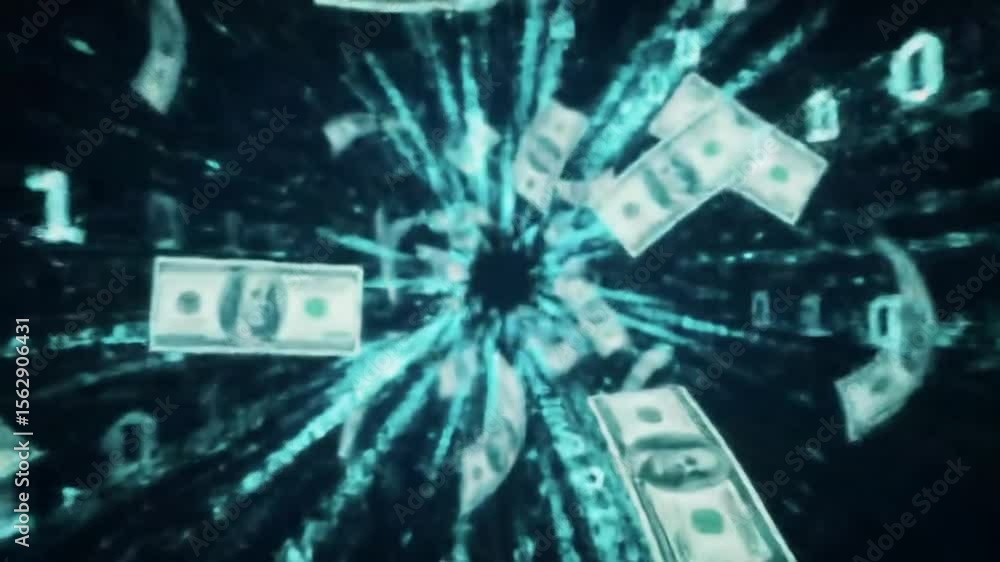 Poster falling dollar bills with binary code stream on dark background symbolizing digital finance