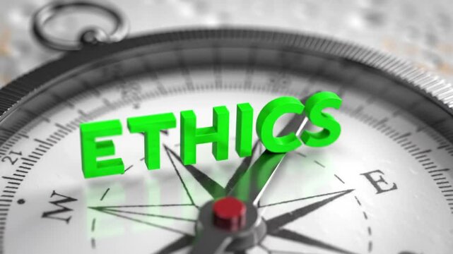 Ethics Conceptualized in Green Bold Letters on a Silver Compass with Blurry Directional Background
