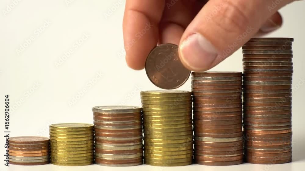 Poster hand adding coin to increasing stack show wealth growth concept on white background
