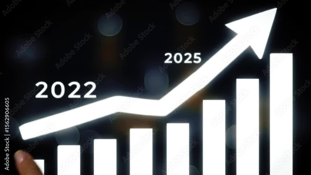 Poster hand interacting with an arrow chart showing growth from 2022 to 2025 on a dark background represent