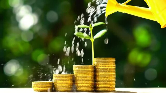 Gold Coins Stack with a Green Plant Watered by a Yellow Watering Can Featuring Business and Financial Growth on Green