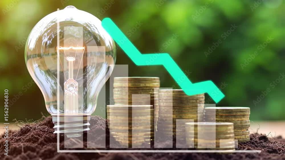Poster lightbulb with filament and gold coins stack representing financial growth with chart overlay agains