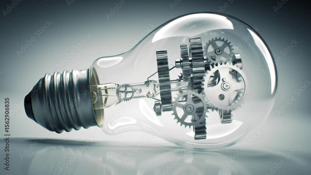 Aufkleber lightbulb gears inside a clear glass structure symbolizing innovation on glossy surface with bright 