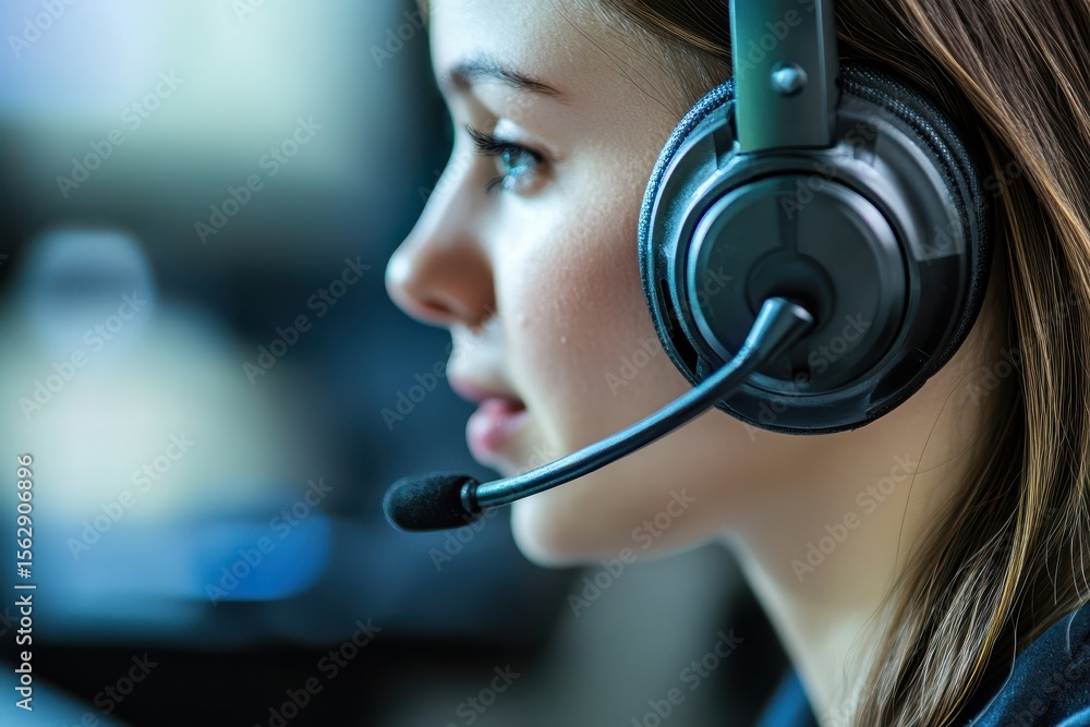 Poster customer support representative providing high-quality service during a busy workday in a modern off