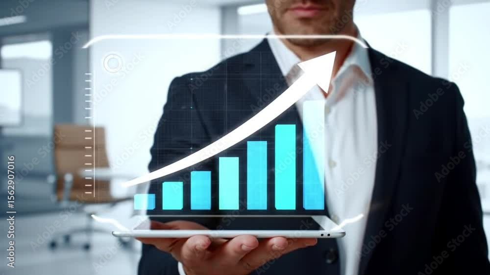 Poster man in suit presenting bar graph on tablet showing financial growth in bright office setting