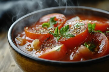 Closeup of a steaming bowl of flavorful tomato soup with fresh herbs and spices, served in a rustic wooden setting, ideal for a cozy meal