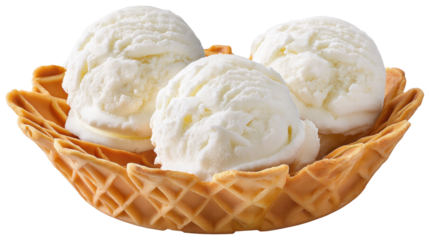 Vanilla ice cream scoops isolated on transparent background in waffle bowl with creamy texture