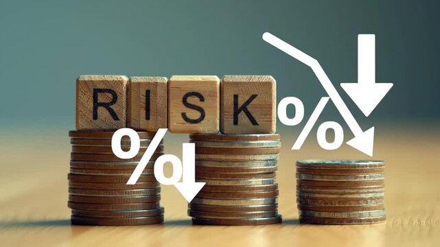 Risk Reduction Illustrated with Coins Wood Blocks Percentage Symbols and Downward Arrow