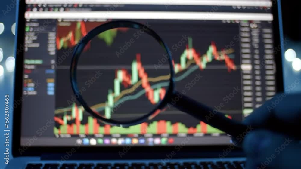 Poster stock market analysis laptop screen showing graph under magnifying glass with bokeh lights and blue 