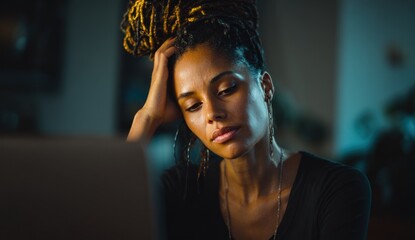 Woman working late at night