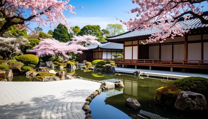 Serene Japanese garden showcases traditional architecture, blooming cherry blossoms, and tranquil pond.