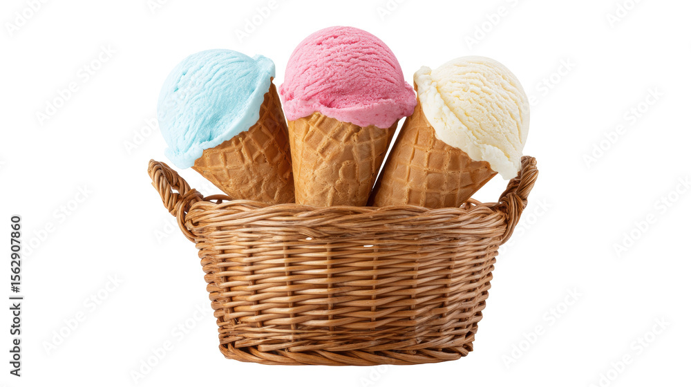 Poster ice cream cone with three colorful scoops isolated on transparent background in basket