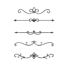 Obraz premium Text dividers doodle set.Wedding decorative elements. ornament, borders, floral, vintage line separators. Hand drawn vector illustration isolated on white background. Set page dividers. 